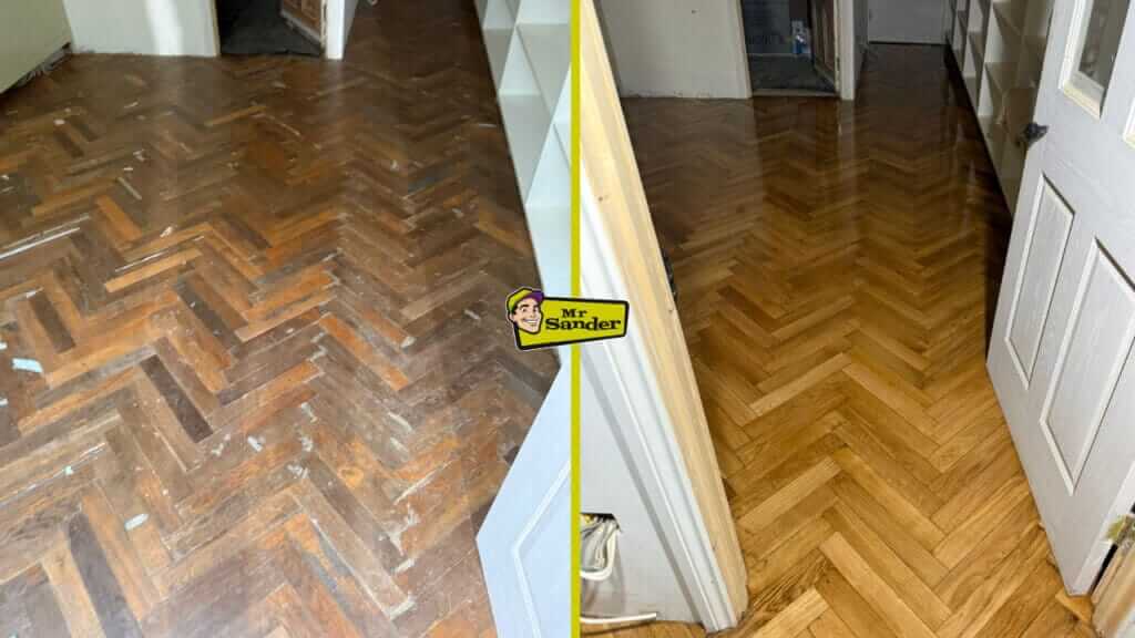 A striking before-and-after comparison of herringbone parquet flooring in East Twickenham, showcasing expert floor sanding and restoration by Mr. Sander.