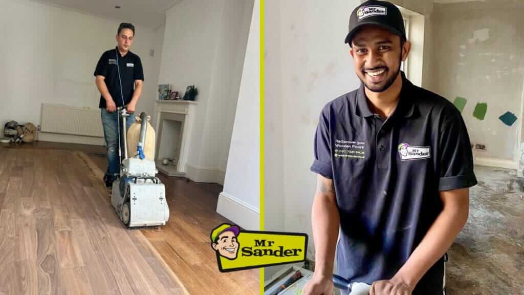 Two professional workers from Mr Sander® performing floor sanding and refinishing. The left image shows one worker operating a floor sanding machine on a dark walnut hardwood floor. The right image features a smiling worker in a Mr Sander® uniform, standing in a room in the process of floor restoration.