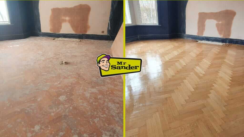 A before-and-after comparison of a herringbone-patterned wooden floor restoration, with the Mr Sander® logo in the center.