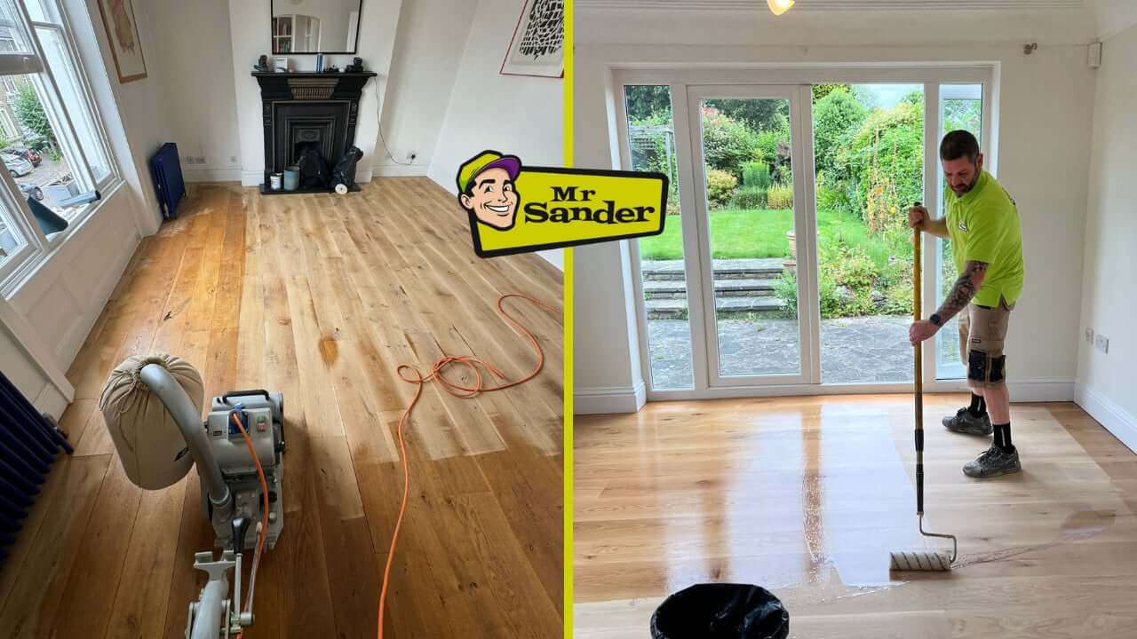 Two images showing the floor sanding and refinishing process by Mr Sander®. The left image features a room with a partially sanded wooden floor, highlighting the difference between the sanded and unsanded areas. The right image shows a professional applying a finish to a freshly sanded wooden floor in a bright room overlooking a garden.