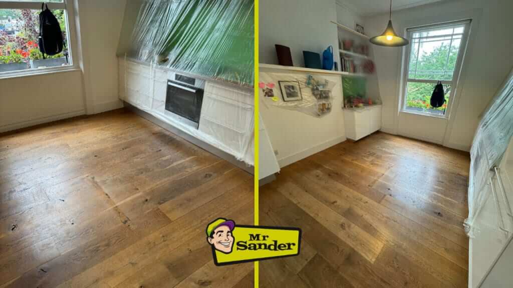 A side-by-side comparison of a room before and after floor refinishing. On the left, the wooden floor appears worn and dull with visible scuffs and marks, while the room's furniture is covered in plastic for protection. On the right, the same room shows a newly refinished floor with a rich, even tone and a smooth finish, with the furniture still protected. The Mr. Sander® logo is displayed at the bottom center.