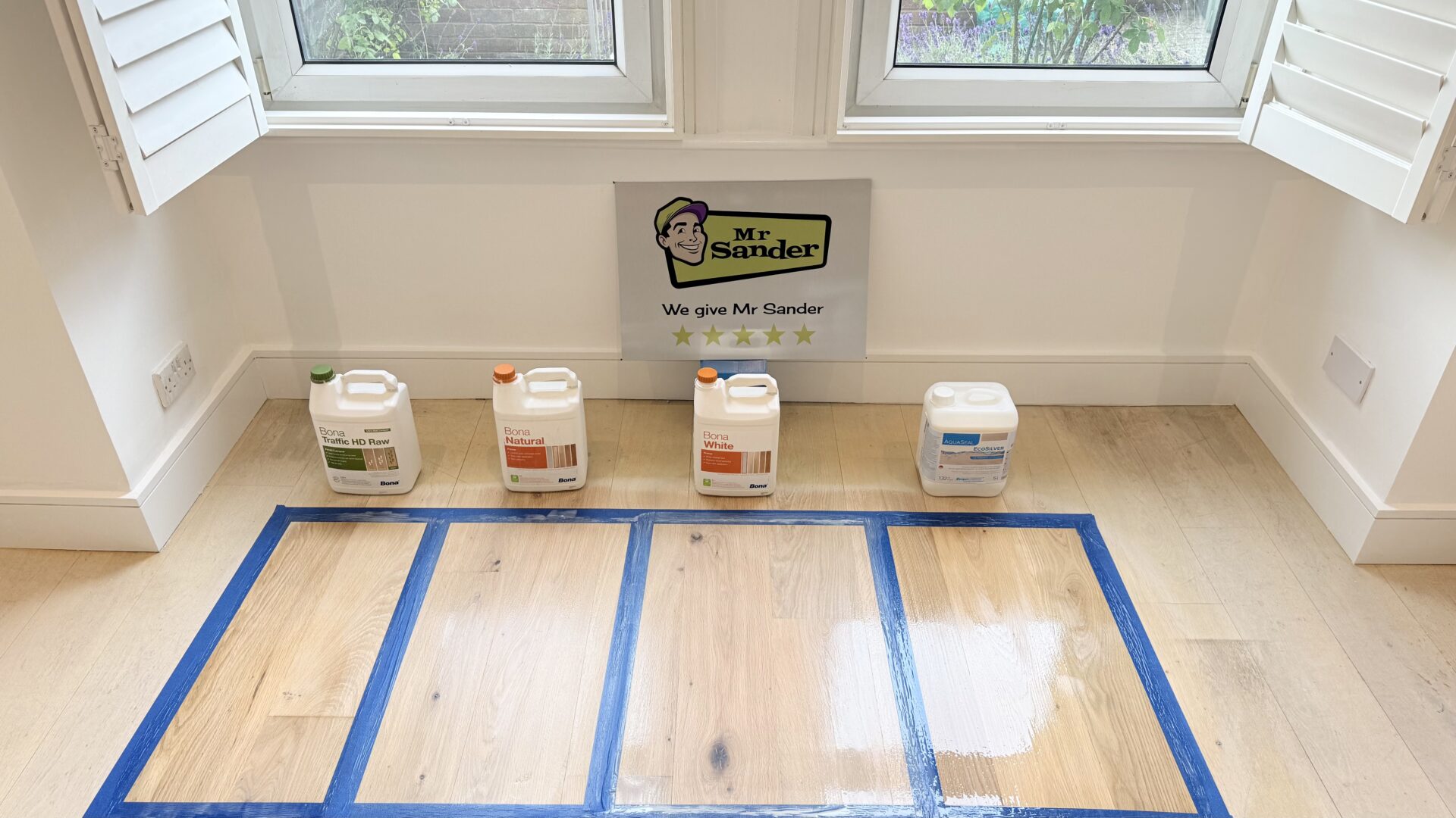Wooden floor restoration with a fine hand samples-applied finish in Virginia Water by Mr Sander®.