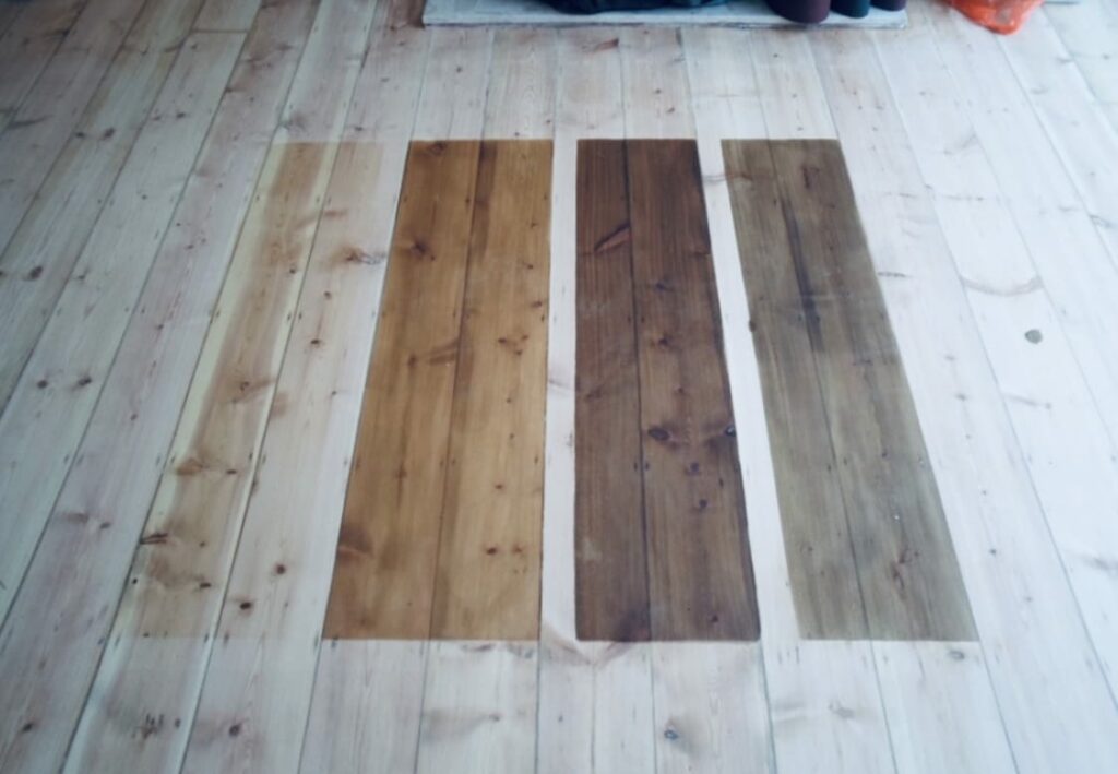 Wood Floor Staining samples on victorian pine boards.