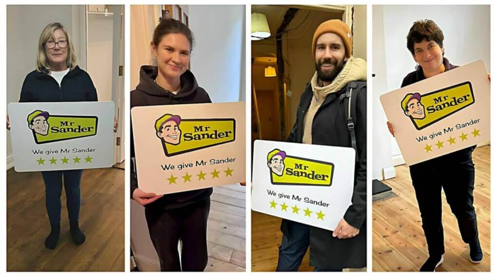 Collage of satisfied customers in Doune (FK16) celebrating their newly restored floors by Mr Sander®️.