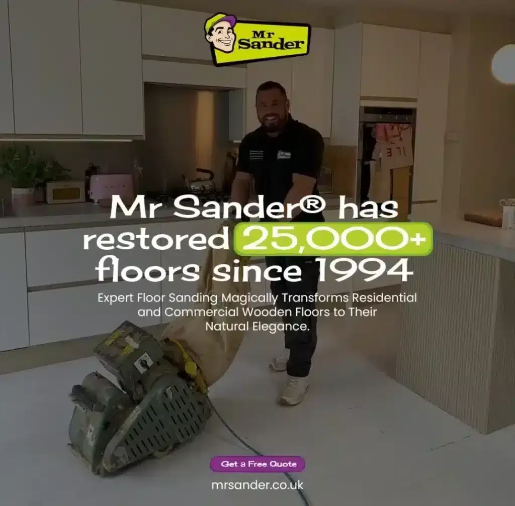 Mr Sander® technician standing in a modern kitchen, next to a floor sanding machine. Text overlay highlights that Mr Sander® has restored over 25,000 floors since 1994, specializing in residential and commercial wooden floor transformations. The image emphasizes expertise in floor sanding and refinishing.