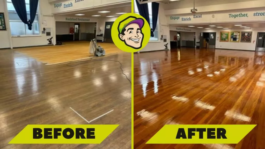 Before and after comparison of a school hall floor restoration by Mr Sander®.