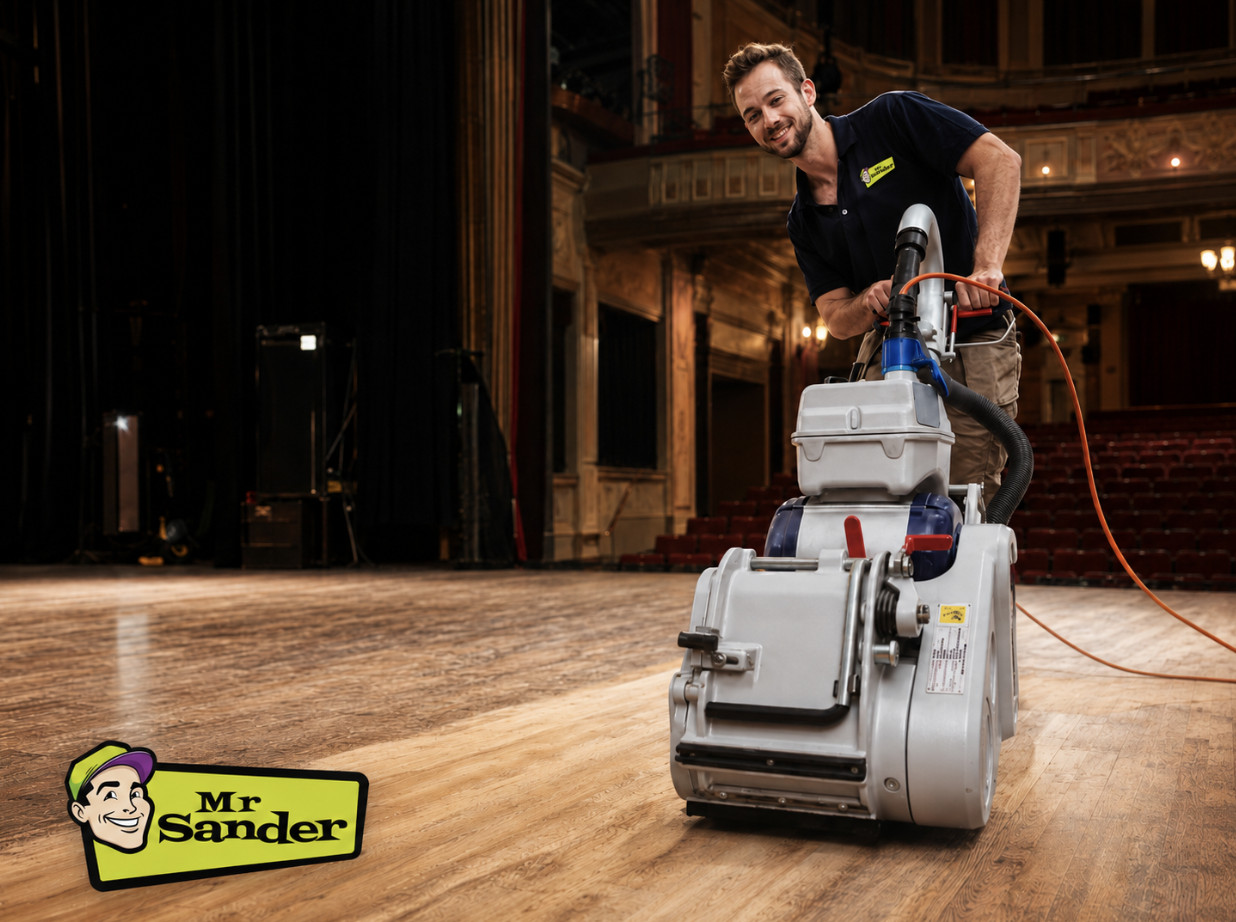 Professional theatre floor sanding in action, featuring a smiling Mr Sander technician using a sanding machine on a light oak floor.