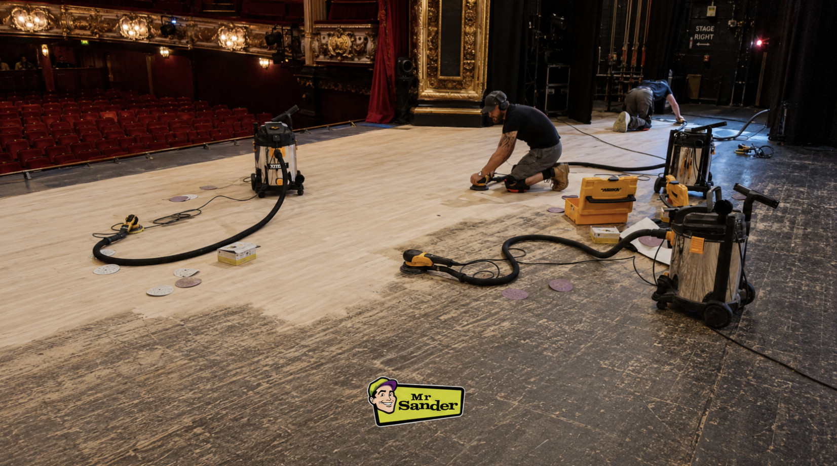 Technicians using orbital sanders to restore a theatre wooden floor, showcasing various sanding equipment and tools in action for efficient floor restoration.