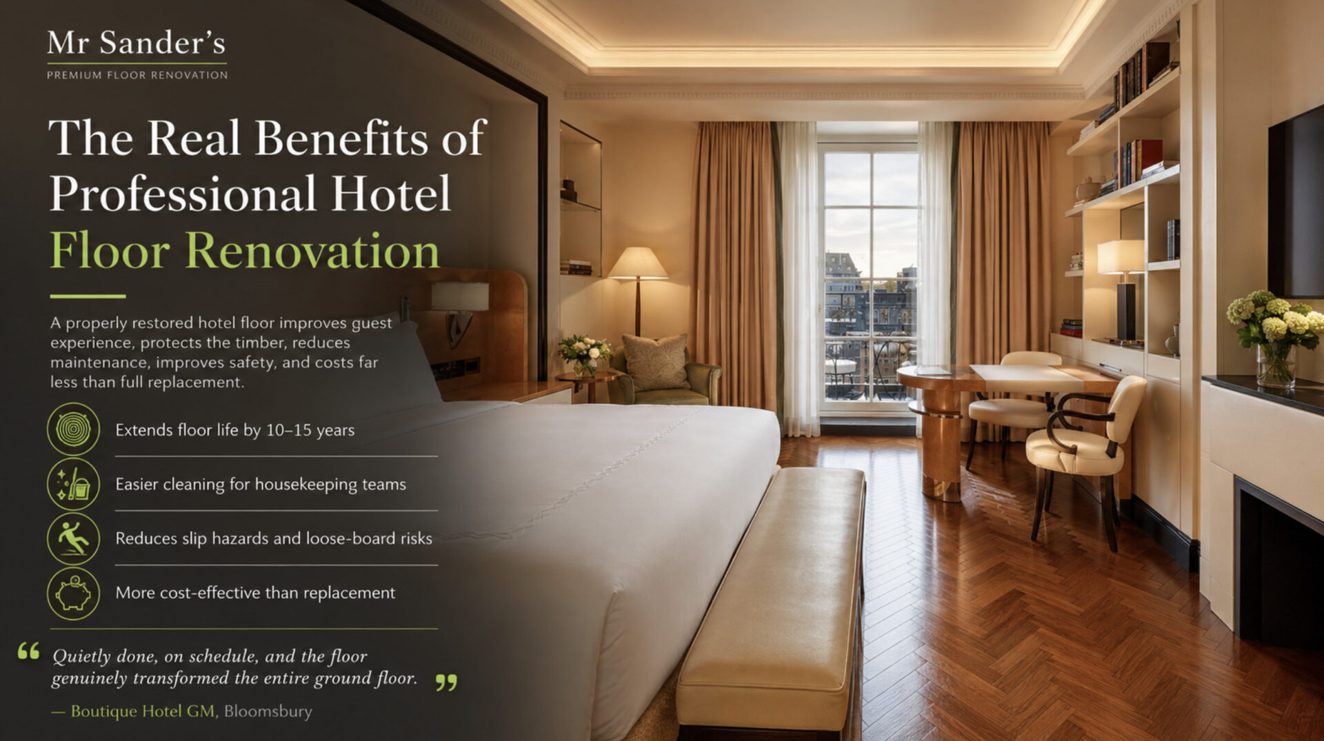 Promotional graphic for Mr Sander about the real benefits of professional hotel floor renovation, showing an elegant modern hotel room with a restored herringbone wood floor, warm lighting, and a text panel highlighting benefits such as improved guest experience, longer floor life, easier housekeeping, reduced slip hazards, and better value than full replacement.