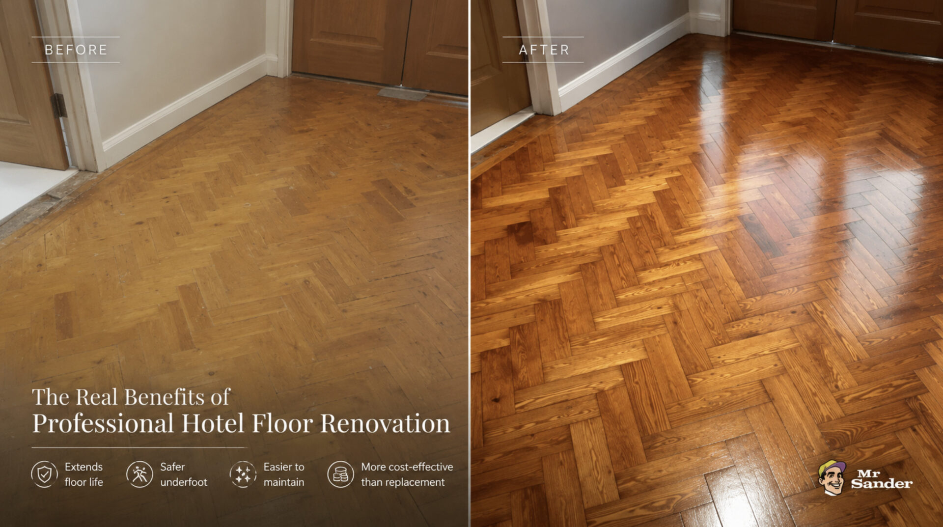 Before and after photo of a hotel lobby’s wooden floor in London, UK, showing a dramatic improvement from worn to newly sanded and finished.
