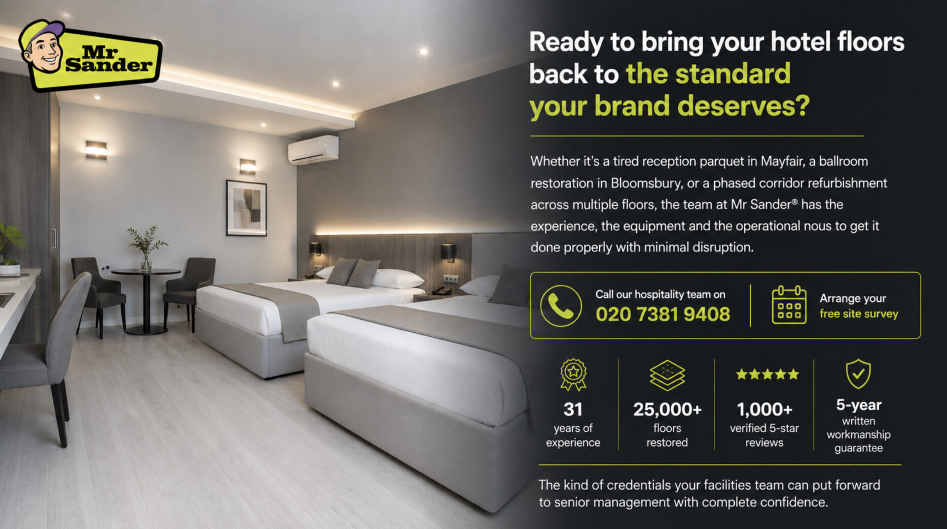 Alt text: Mr Sander® hotel floor restoration featuring elegant grey-white wood flooring in a modern hotel bedroom. Expert commercial floor sanding for receptions, ballrooms, and corridors with a 5-year guarantee.