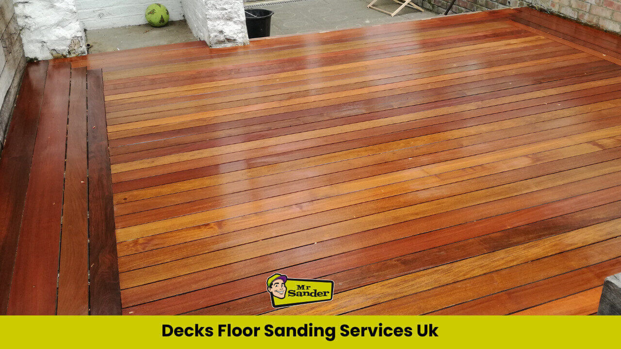 Glossy, freshly sanded wooden deck in a UK garden showing the rich grain and smooth finish achieved through professional floor sanding for decks.