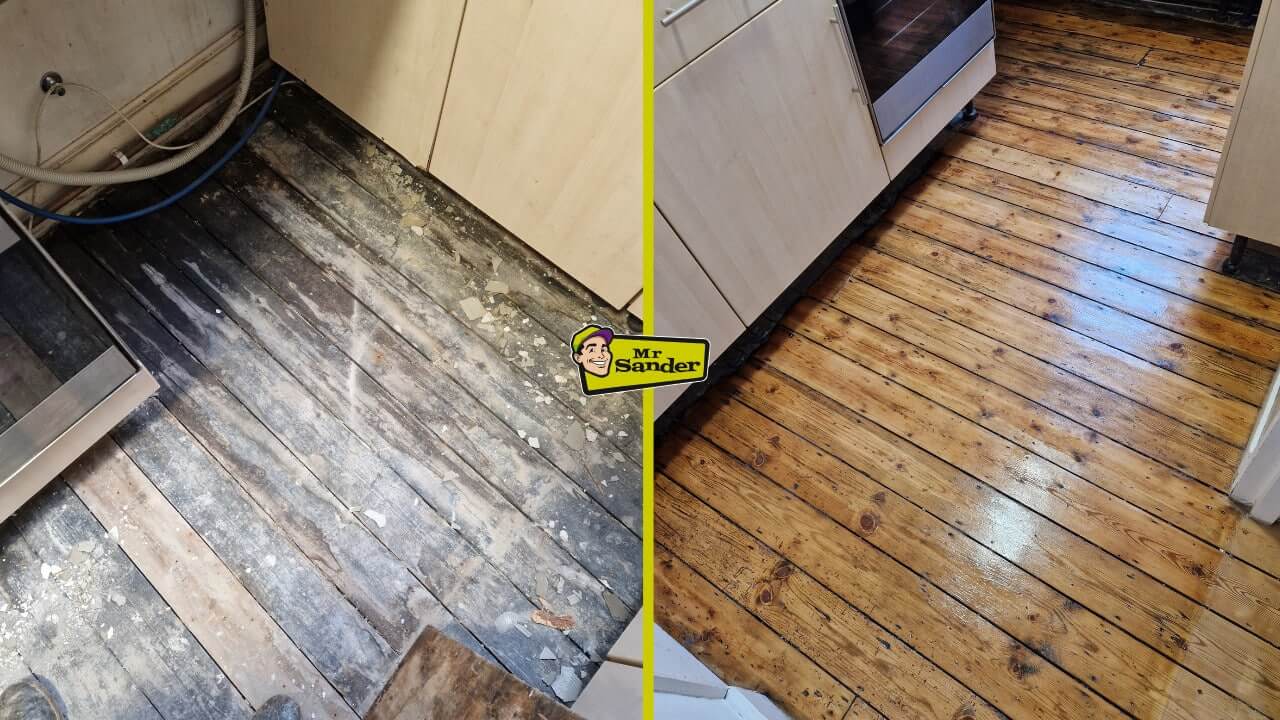 Before-and-after images of a pine wood kitchen floor, showing the worn, paint-stained boards on the left and a freshly sanded, warm honey finish on the right, professionally restored by Mr Sander® in the UK.