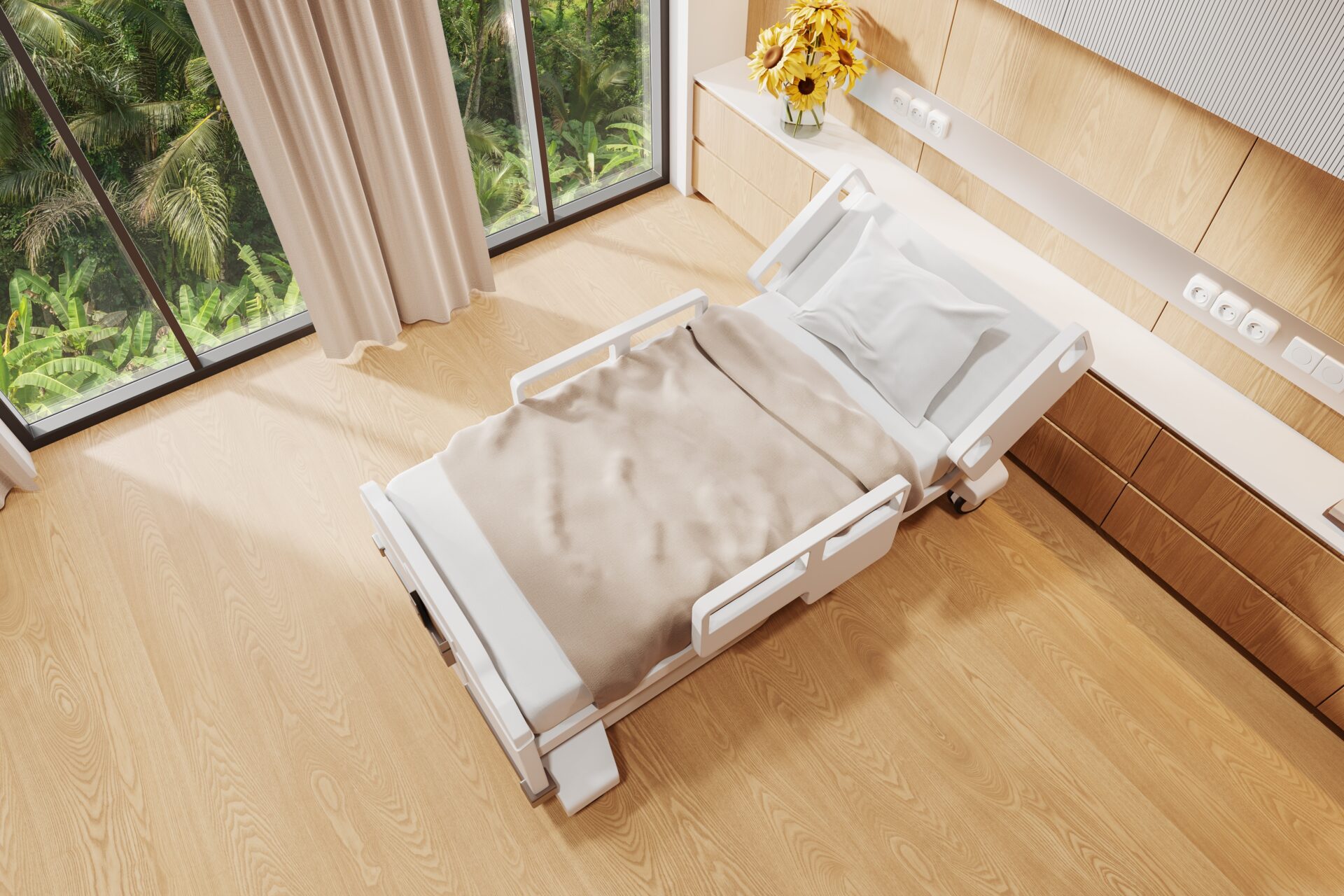 Hospital patient room with adjustable bed, full-height window and light oak engineered wood flooring following expert Floor Installation for Healthcare Facilities