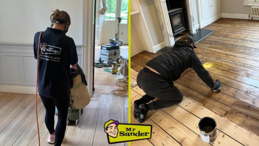 Two images side by side: On the left, a professional from Mr Sander® operating a floor sander on wooden floorboards; on the right, another professional applying a finish to the sanded wooden floor with a brush, carefully enhancing its natural grain.