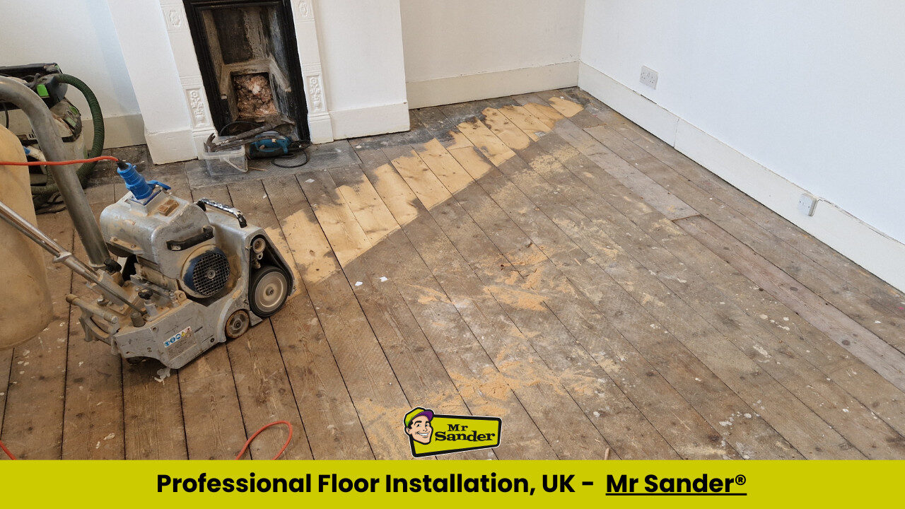 A professional floor sander partially restoring a wooden floor in the UK, showcasing the Floor Sanding and Oil Finishes process by Mr Sander®.