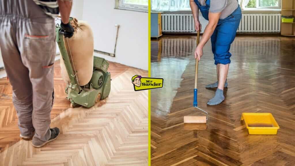 Mr Sander professionals demonstrate the process of floor refinishing for pet-damaged hardwood floors. On the left, one uses a heavy-duty drum sander on a herringbone parquet, while on the right, another applies varnish with a paint roller, showcasing a before-and-after transformation.
