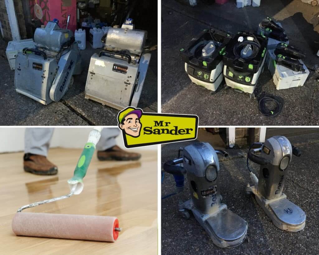 A collage of images showcasing the tools and equipment used by Mr. Sander® for hardwood floor sanding and refinishing.