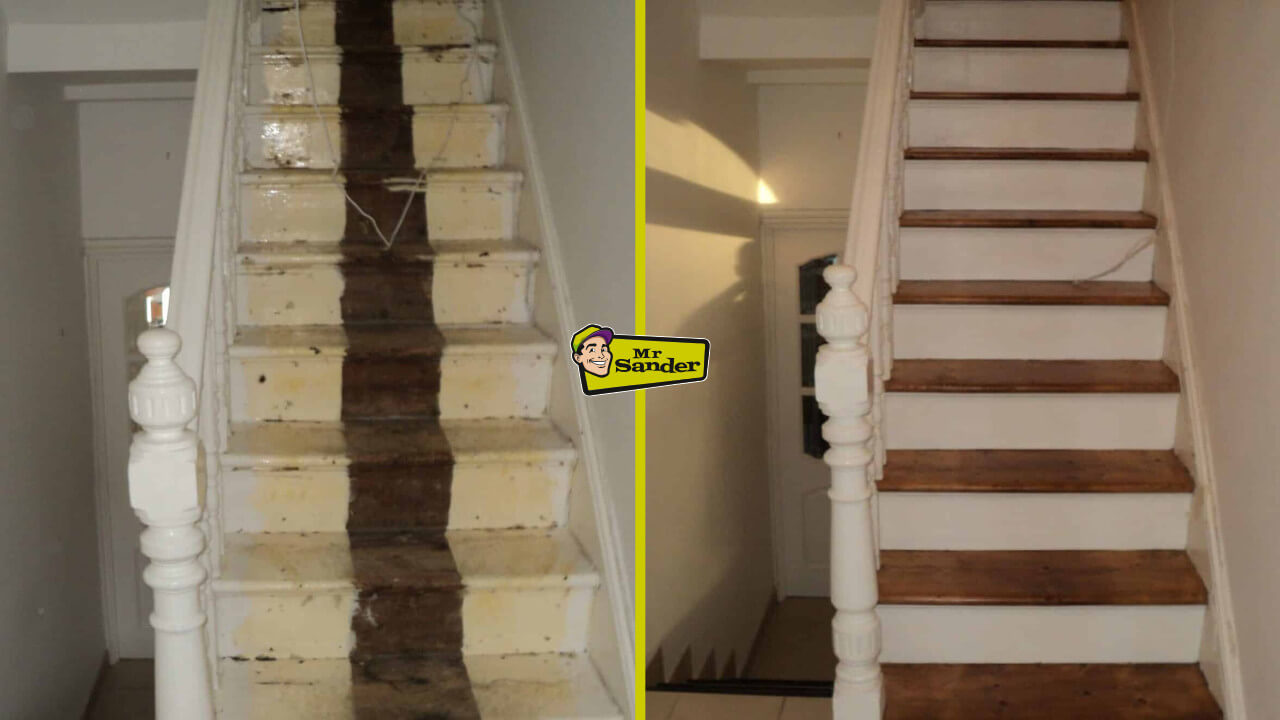 A side-by-side comparison showing a worn-out staircase with peeling paint on the left and the same staircase beautifully sanded, stained, and painted on the right.