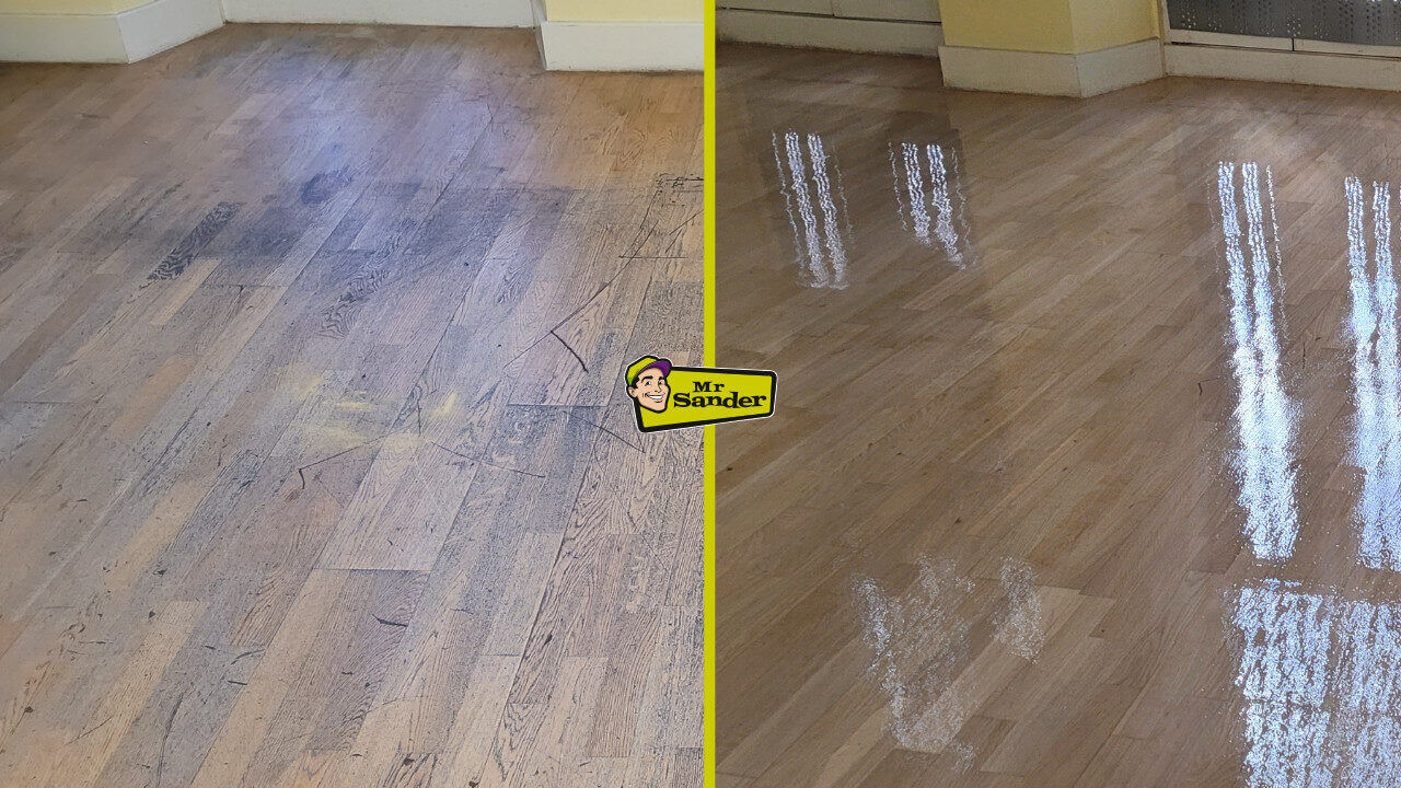 Before and after wooden floor repair by Mr Sander® showing a severely scratched floor on the left and a gleaming, refinished floor on the right, illustrating effective solutions for scratched wooden floors.