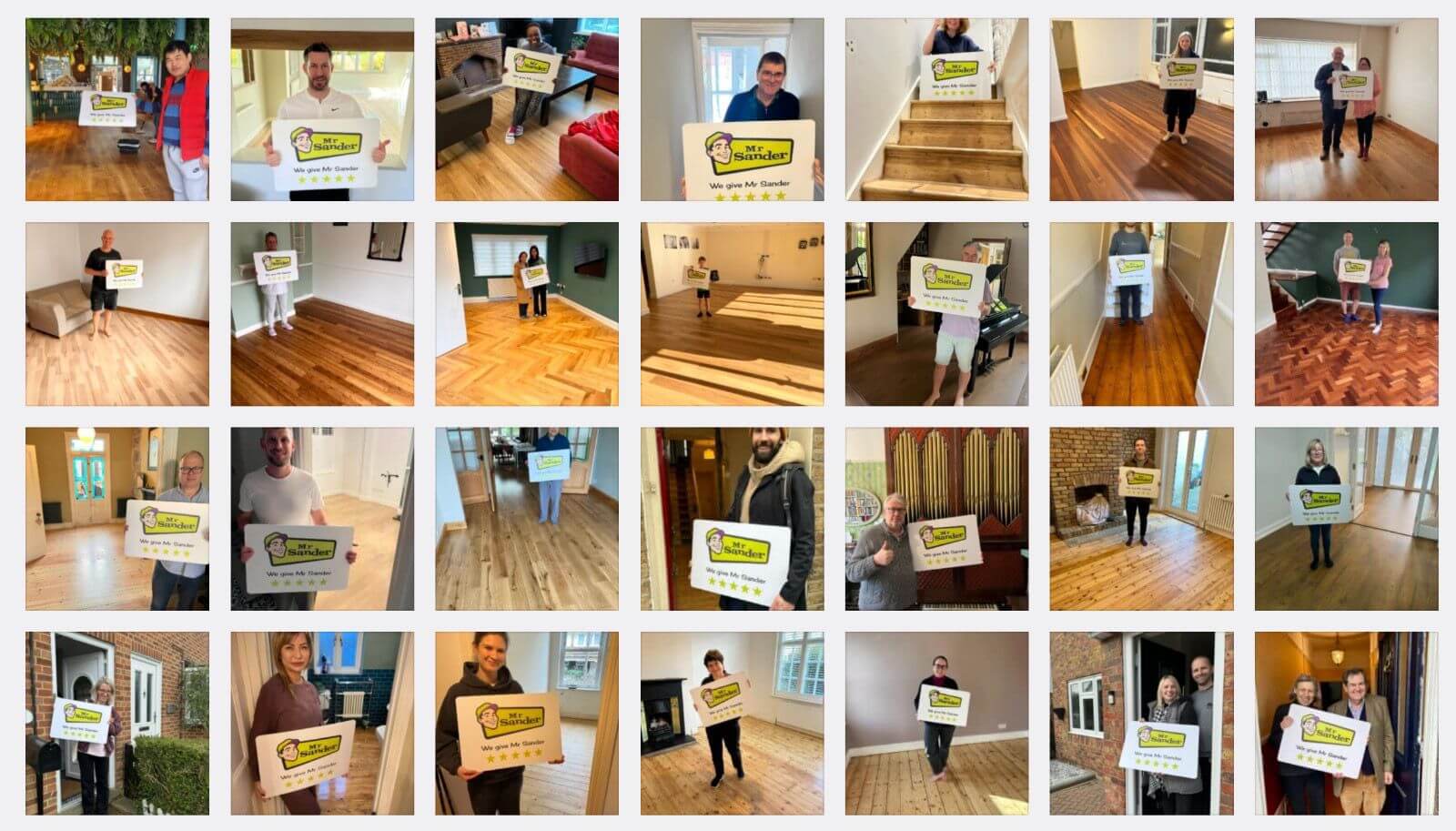 A collage of Happy Customers holding signs that read "Mr Sander® We give Mr Sander 5 stars!" standing in rooms with newly sanded and refinished wooden floors. The image showcases the different types of wood finishes and the satisfaction of the customers.