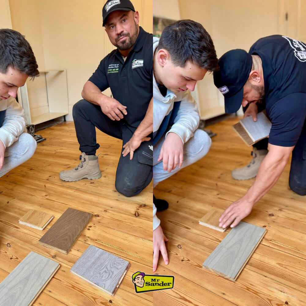 An expert from Mr Sander demonstrating different wood floor samples to a client during a North London Floor Fitting consultation.