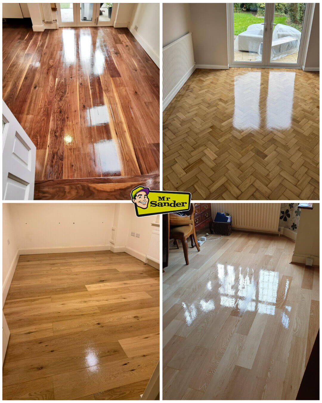 A collage of four newly sanded and polished wooden floors, each reflecting a glossy finish achieved through Mr Sander’s North London Floor Fitting services.
