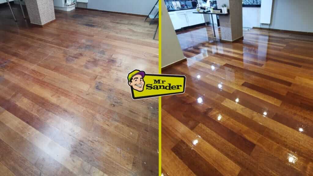 A before-and-after image of a hardwood floor refinished by Mr. Sander®. The left side shows the floor before refinishing, with visible scratches and dullness, while the right side shows the floor after refinishing, with a glossy and vibrant appearance.