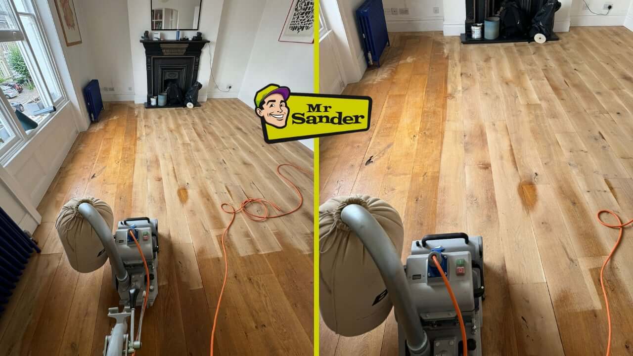 A before and after comparison of an oak hardwood floor being sanded and prepared for refinishing. The left side shows the original worn and discolored oak floor, while the right side displays a more even, freshly sanded surface. A floor sander machine is visible in the foreground, demonstrating the work in progress. The room features a classic fireplace, large windows, and white walls, adding to the bright and open space. The Mr. Sander® logo is placed in the center of the image.
