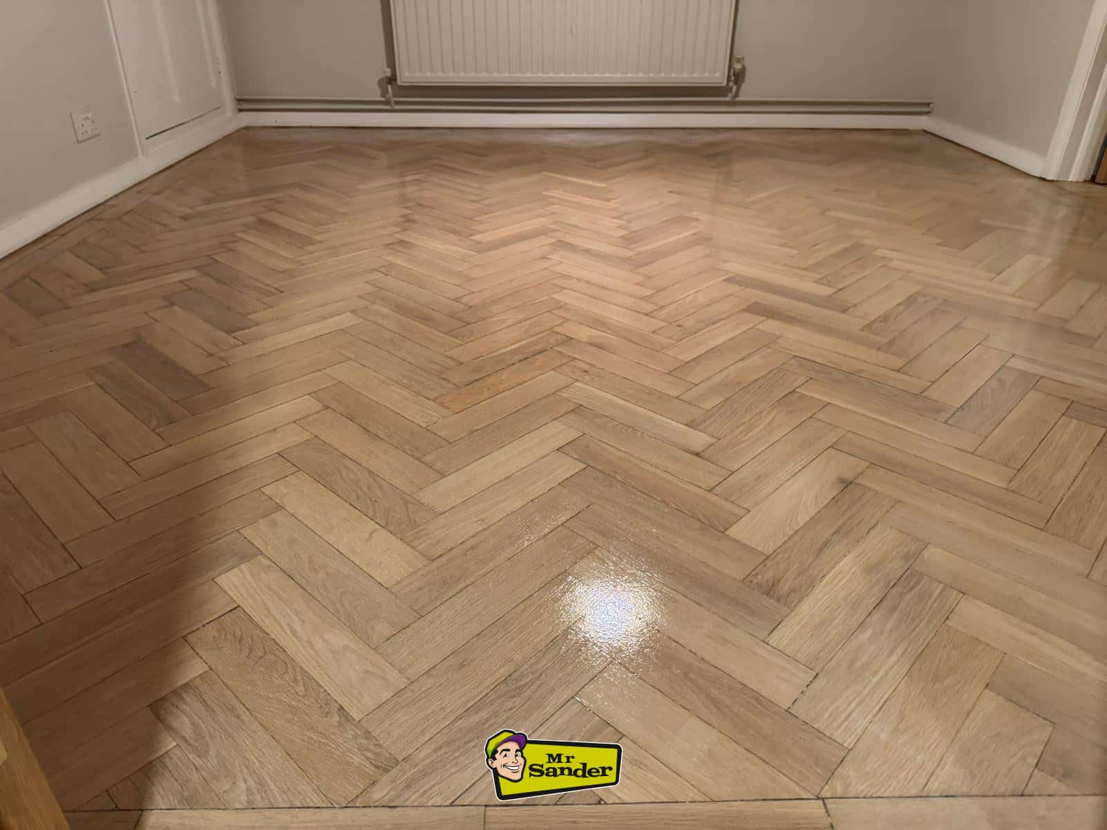 Oak parquet floor refinishing completed by Mr Sander in the UK, showing the crucial steps to follow during the 24 Hours After Refinishing Your Floors