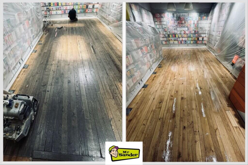 A before-and-after image showing the transformation of an oak wood floor during the sanding and refinishing process. The left side displays a worn, dark-stained oak floor, while the right side highlights the rejuvenated, bright natural finish of the same oak planks after professional restoration.