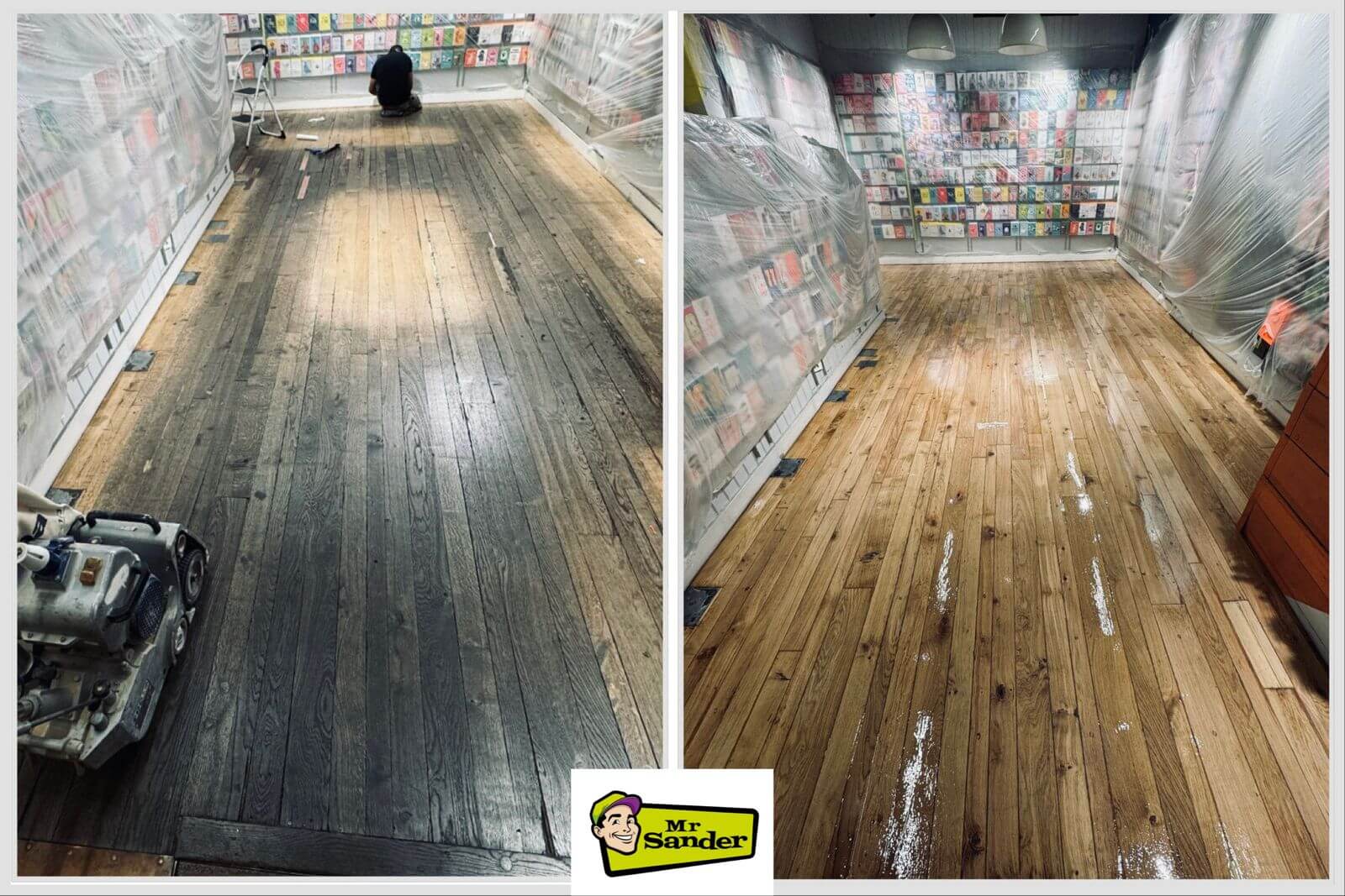 Before-and-after transformation of an oak wood floor in a retail store. The left side shows the worn and darkened floor pre-sanding, while the right side highlights the beautifully sanded and refinished natural oak with a satin finish. Completed by Mr Sander in London, UK.