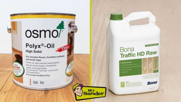 Comparison of Osmo Polyx-Oil and Bona Traffic HD Raw finish products for wooden floors, with Mr. Sander® logo.