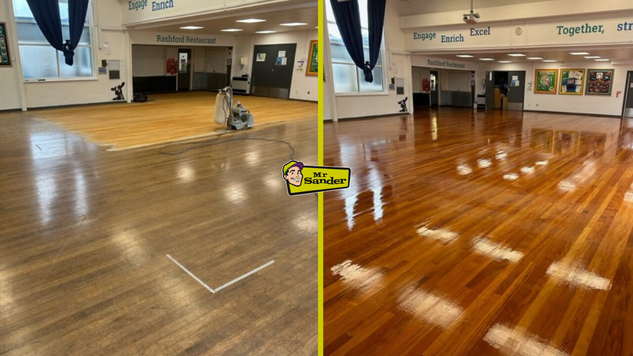 Side-by-side view of a UK school hall floor during overnight floor sanding, showing a half-sanded surface on the left and a fully refinished, glossy finish on the right.