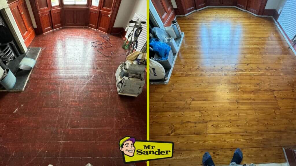 A before and after comparison of a dark-stained pine wood floor being sanded and refinished. The left side shows the original dark-stained, scratched floor in a traditional room with a fireplace and dark wood paneling. The right side displays the same floor after being sanded and refinished, revealing a golden, polished pine surface that reflects natural light from the window. The floor sander and sanding tools are visible near the fireplace in both images, and the Mr. Sander® logo is at the bottom center.