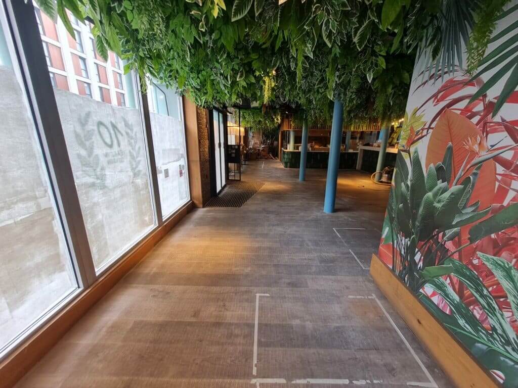 A hallway with wooden floors undergoing sanding and refinishing by Mr Sander®. The floor appears partially sanded, with clear signs of ongoing work. The hallway features large windows on one side, allowing natural light, and a wall with vibrant tropical mural on the other side. Green hanging plants adorn the ceiling, and blue columns are visible along the hallway leading to a bar area in the background.