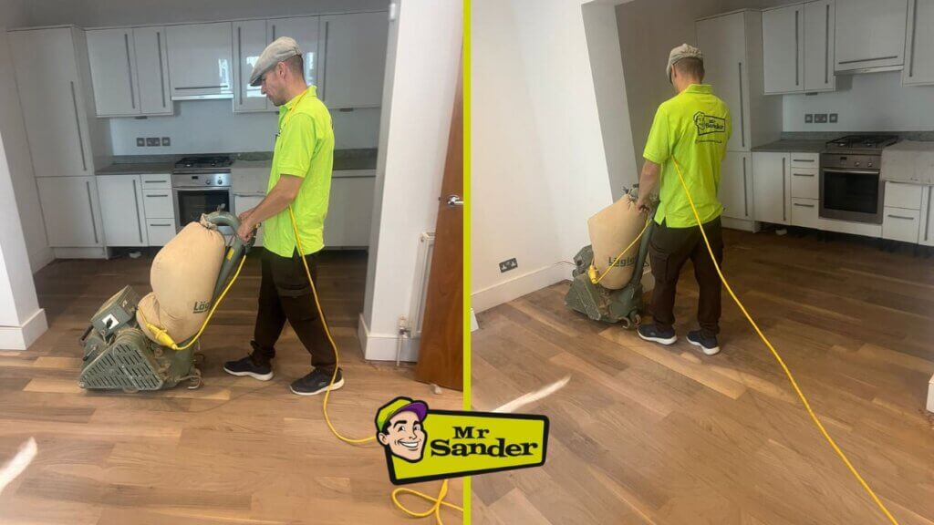 A Mr Sander® technician sands an oak floor in a living room in, UK, using a Lagler HUMMEL. The machine, with its powerful LED lighting system, high-powered aggressive sanding, low dust emissions, easy belt changes, and long lifespan, ensures optimal results. Technical specs: 230 V / 50 CPS / 2.2 kW, 2400 rpm, 200 x 750 mm belt, 79 kg weight.