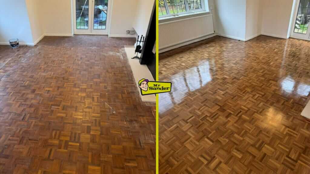 Before and after image of a parquet wood floor restoration, showing a dull, scratched surface transformed into a polished, glossy finish.