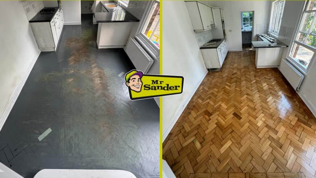 A side-by-side view of the same kitchen, showing a dark, worn parquet floor on the left and a newly sanded, natural-toned parquet floor on the right.
