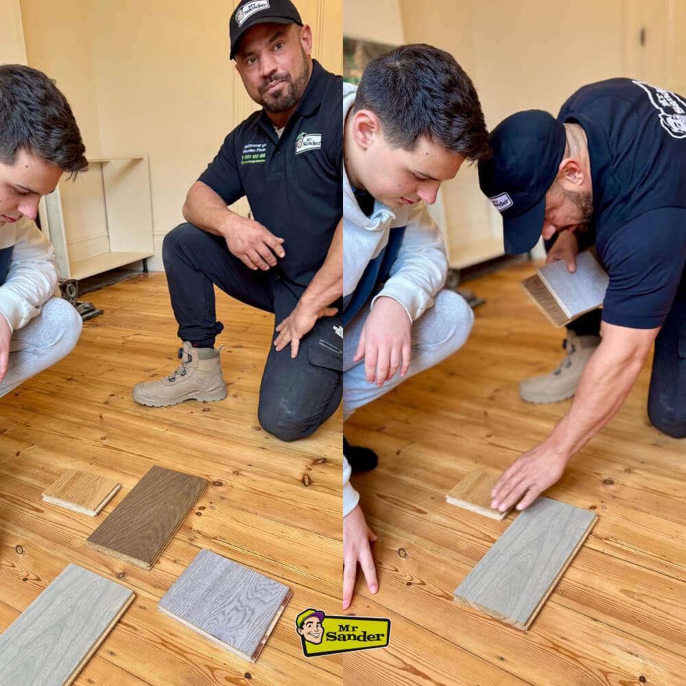 A Mr Sander professional in London consulting with a homeowner on various engineered floor samples