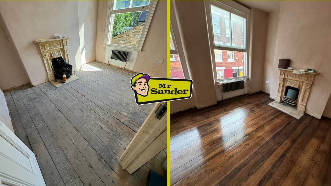 Before-and-after images of a Victorian bedroom featuring its original pine floor: the left side shows heavily worn, unfinished boards, while the right side showcases a rich, dark walnut finish after professional sanding and restoration by Mr Sander® in the UK.