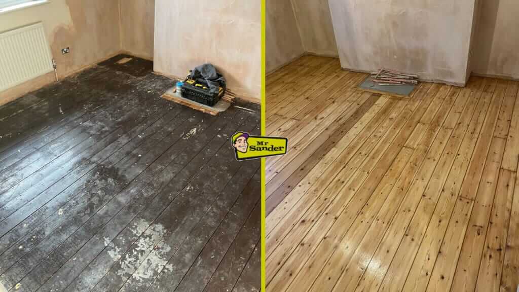 Side-by-side image showcasing the transformation of pine wood floors before and after restoration. The left side shows aged, dark-stained pine boards with wear and damage, while the right side displays sanded and polished pine floors with a light, natural finish. The "Mr Sander" logo is placed at the center of the divider.