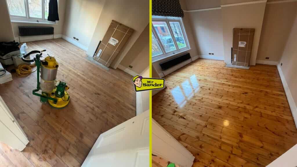 Before-and-after images of a pine wood floor in a bedroom, showing the original dull surface on the left and a newly sanded, glossy honey-colored finish on the right, professionally done by Mr Sander® in the UK.