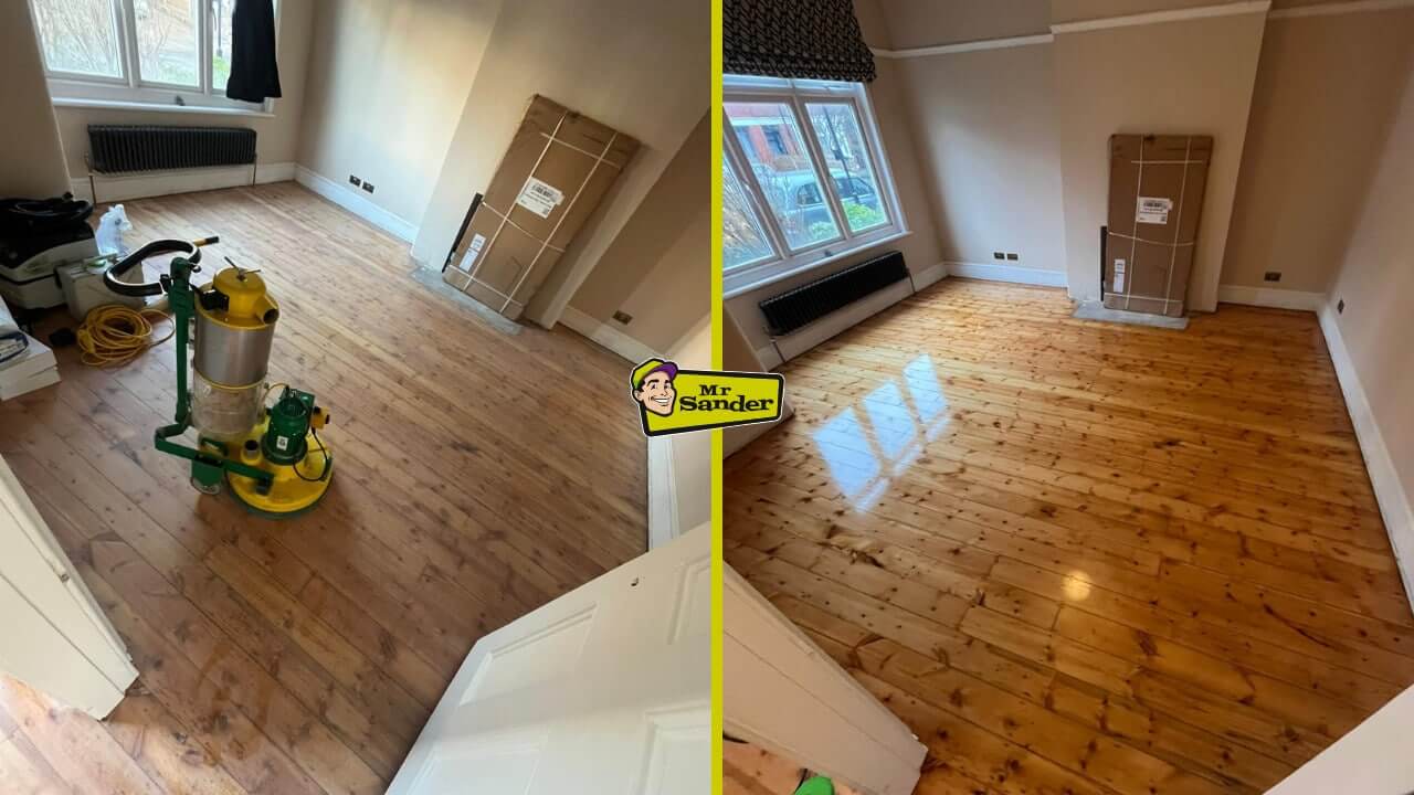 Before-and-after images of a pine wood floor in a bedroom, showing the original dull surface on the left and a newly sanded, glossy honey-colored finish on the right, professionally done by Mr Sander® in the UK.