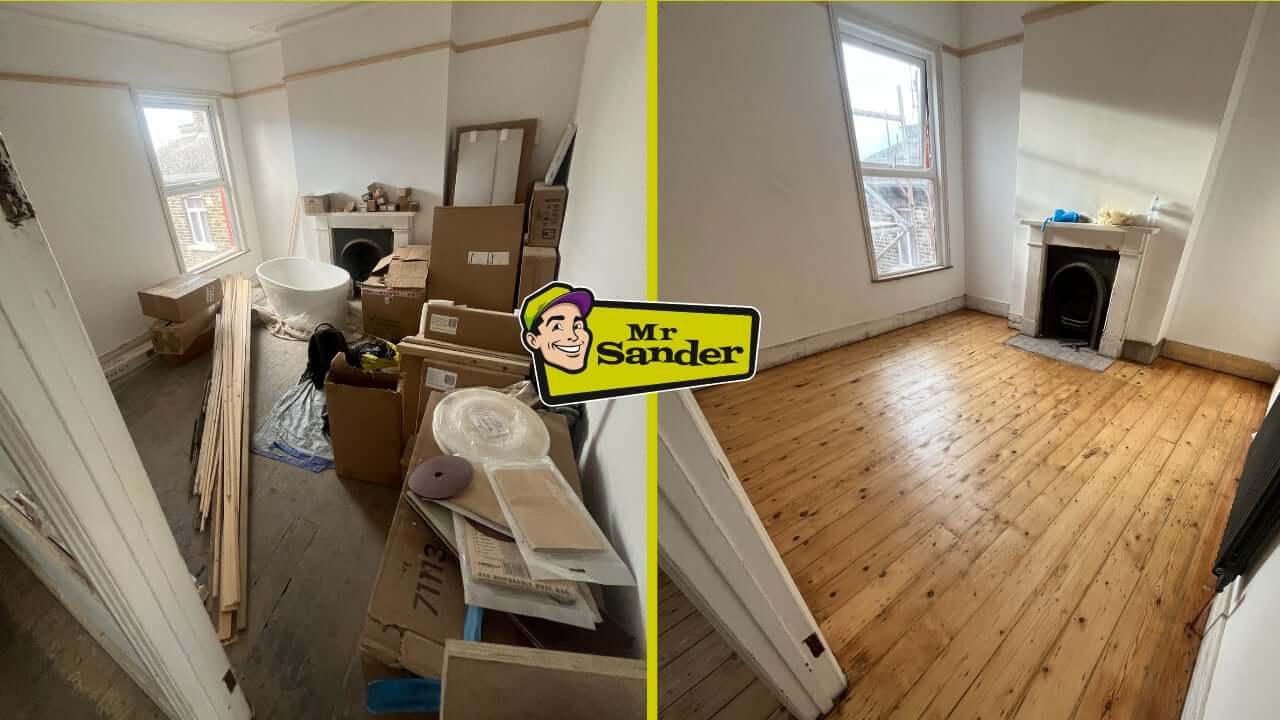 Before-and-after view of a cluttered bedroom with worn pine floorboards in a UK home, transformed into a bright, natural finish by Mr Sander®.