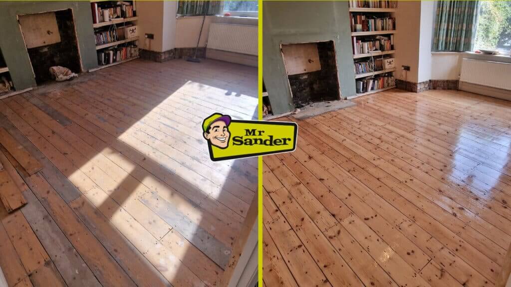 a room with a fireplace and a bookcase