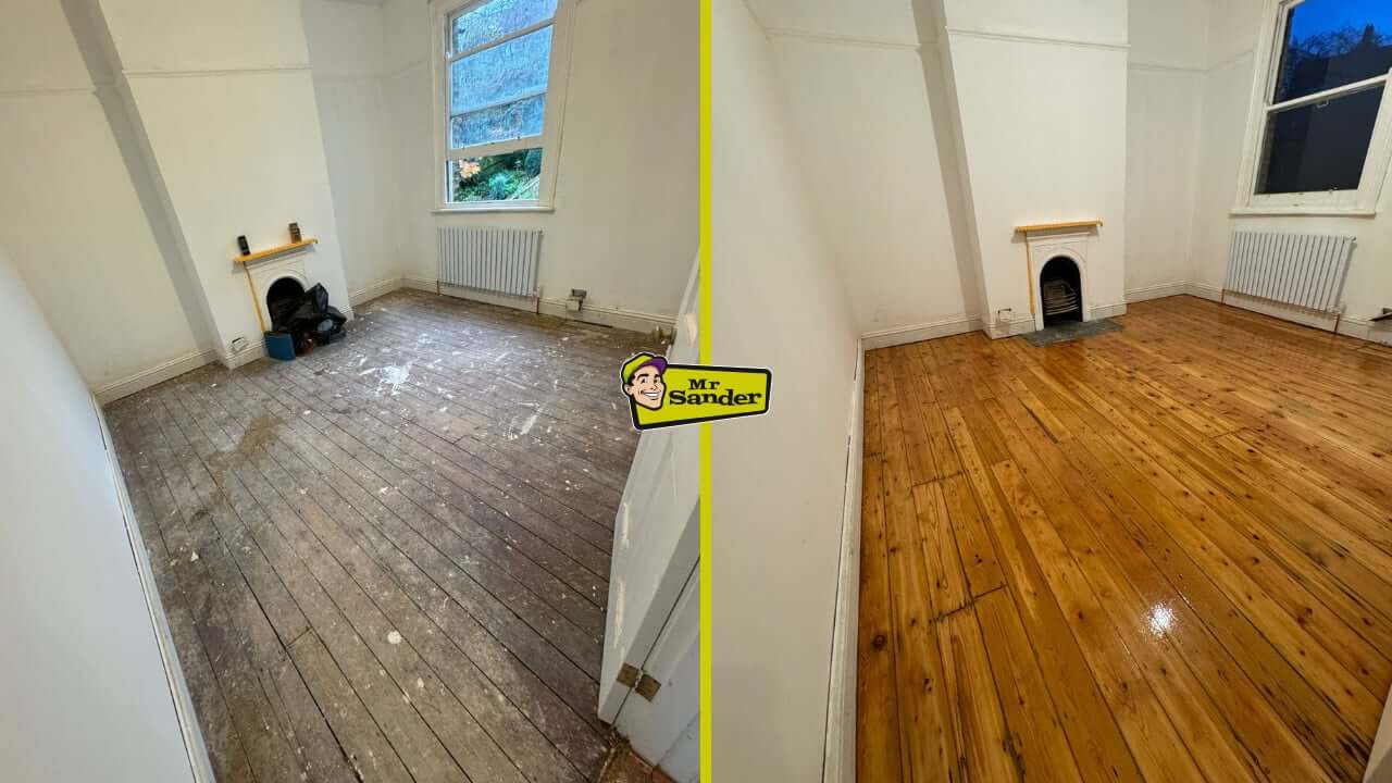 Before-and-after images of a pine wood floor in a Victorian-style bedroom, showing the original paint-splattered boards on the left and a newly sanded, honey-pine finish on the right, professionally restored by Mr Sander® in the UK.