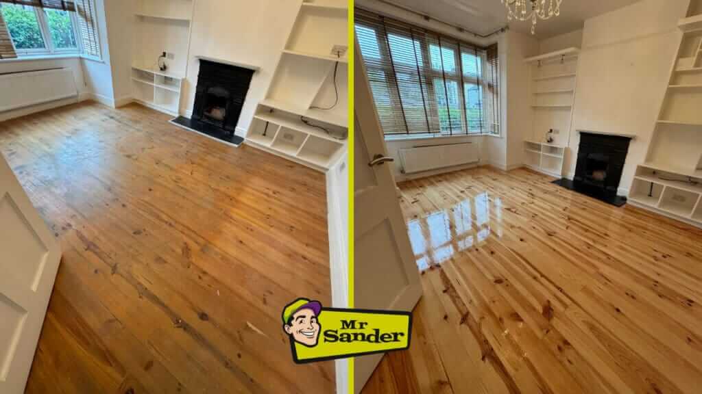 A before and after comparison of a pine wood floor in a living room. The left side shows the floor in its original state, with a dull and worn finish, showing scratches and discoloration. The right side displays the same room after sanding and refinishing, with a natural pine wood surface polished to a high gloss. Sunlight from the large windows reflects off the floor, brightening the room and enhancing the wood grain. The room features white shelving, a black fireplace, and a bay window.