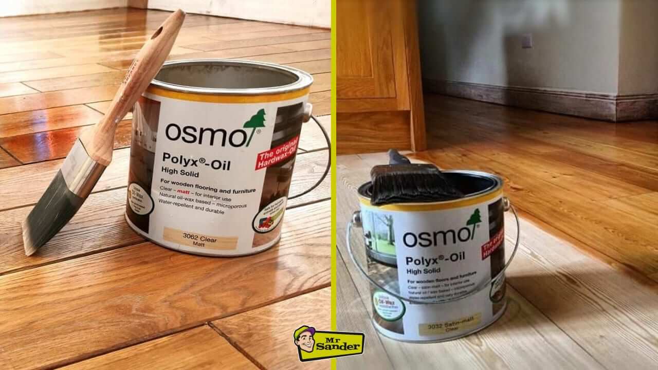 Two side-by-side images of Osmo Polyx-Oil wood floor finish, showcasing its application on wooden floors with a brush, resulting in a stunning, well-sealed, and polished surface.