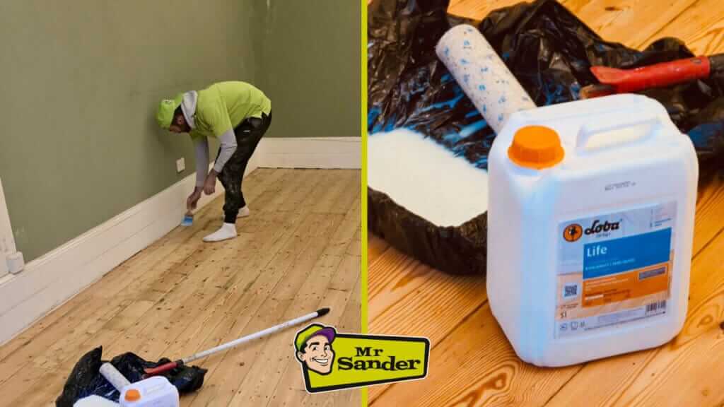 A professional applying finish along the edges of a wooden floor with a small brush, alongside a container of Loba Life finish and tools for floor refinishing. The Mr Sander® logo is displayed prominently.